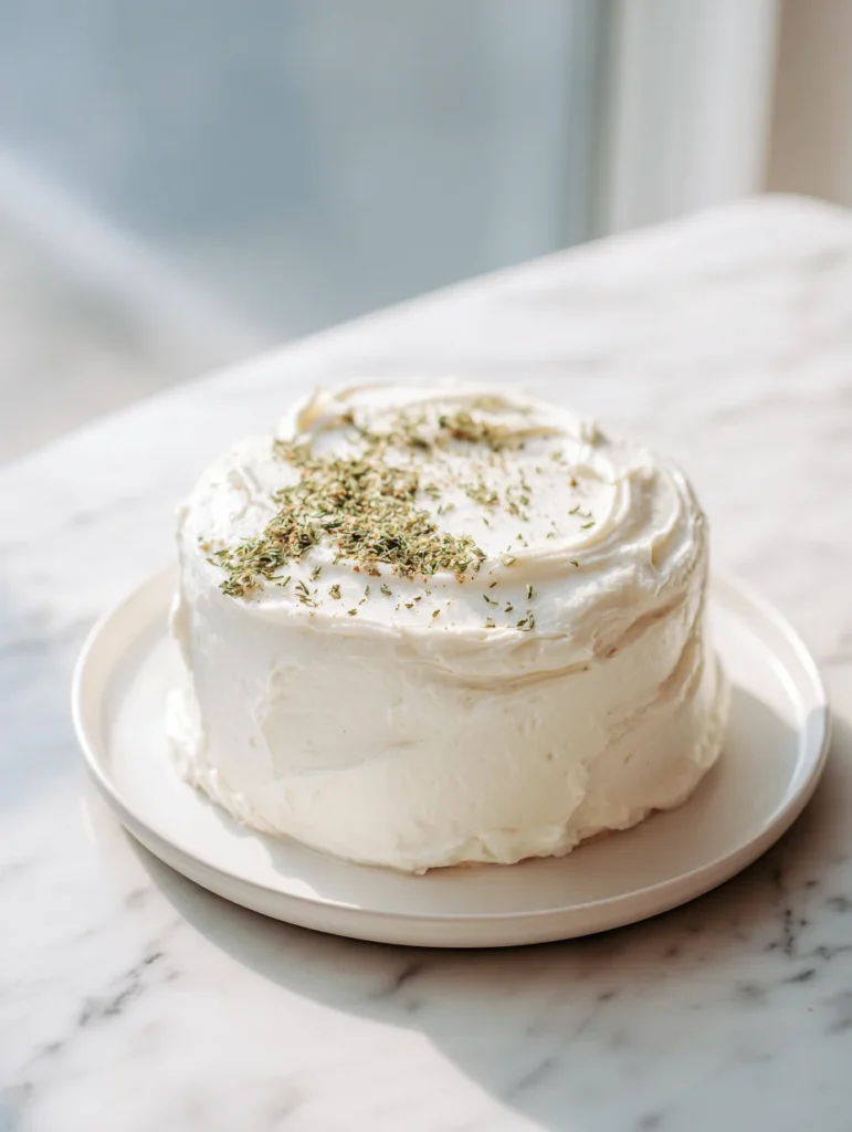 Homemade cat birthday cake with white frosting and sprinkled catnip on marble counter.