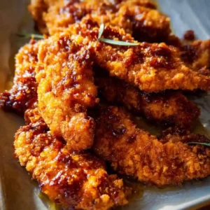 Hot honey chicken tenders coated in spicy honey glaze and garnished with fresh herbs on a wooden board.