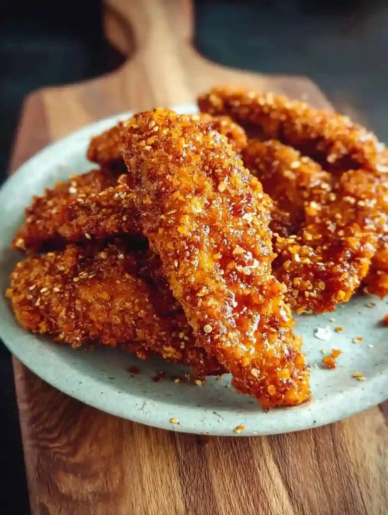 Crispy hot honey chicken tenders stacked on a ceramic plate atop a wooden cutting board, glistening with sticky honey glaze.