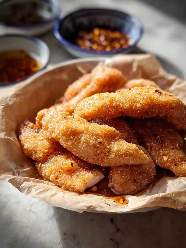 Crispy golden hot honey chicken tenders served in a basket lined with parchment paper, with spicy dipping sauces in the background.