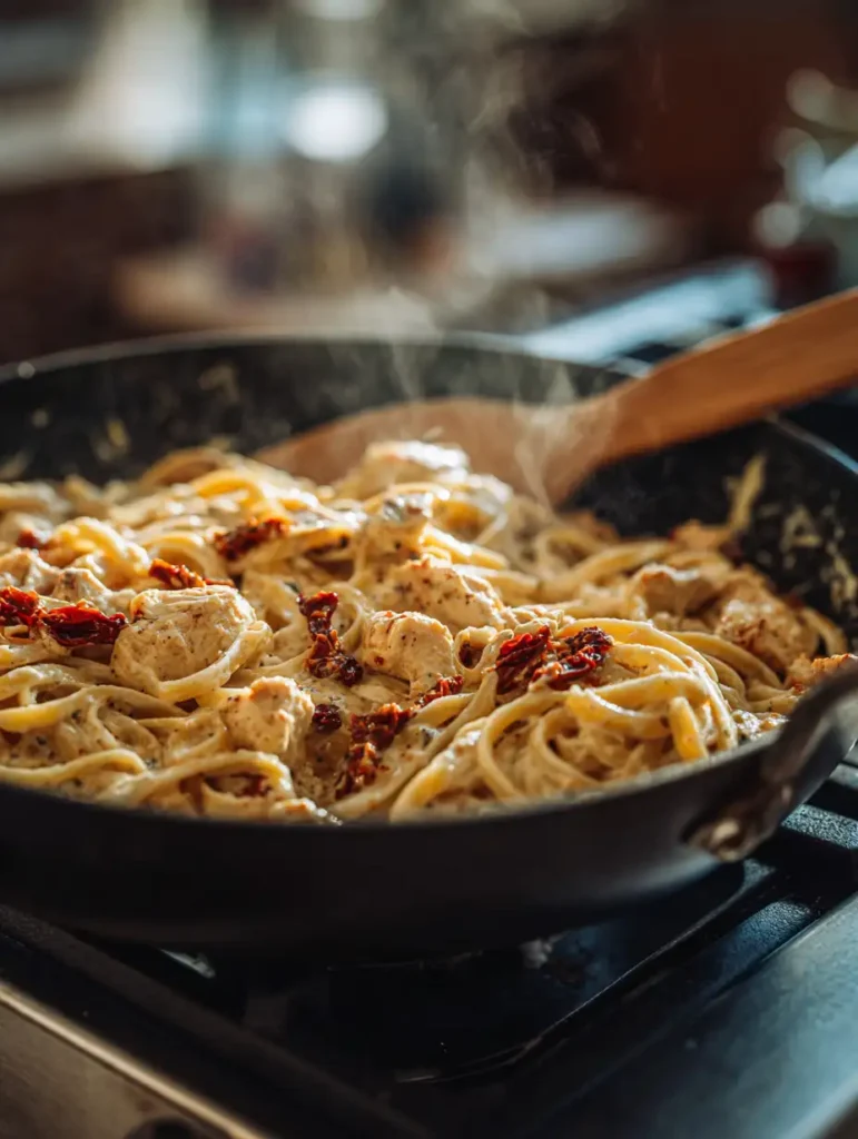 Marry Me Chicken Pasta cooking in a skillet with creamy sauce, chicken pieces, sun-dried tomatoes, and pasta, steam rising