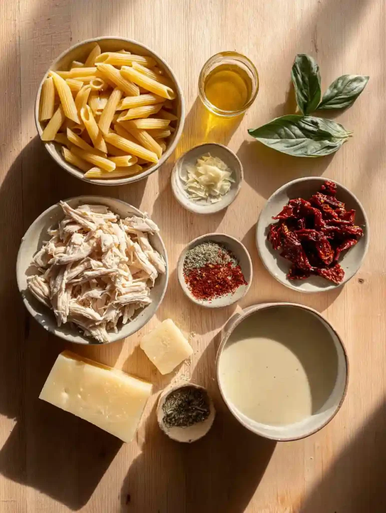 Ingredients for Marry Me Chicken Pasta including penne, shredded chicken, sun-dried tomatoes, heavy cream, Parmesan, garlic, and seasonings arranged on a wooden counter
