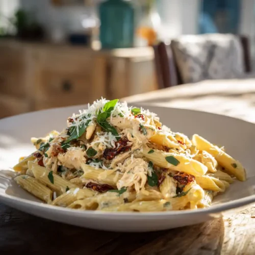 Marry Me Chicken Pasta plated on a white dish with creamy sauce, shredded chicken, sun-dried tomatoes, and Parmesan, served on a rustic wooden table