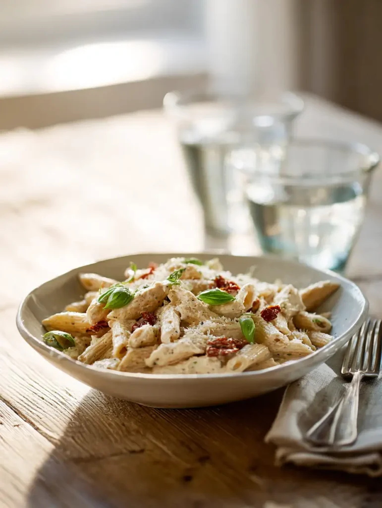 Marry Me Chicken Pasta served in a white bowl with creamy sauce, chicken, sun-dried tomatoes, and Parmesan, with glasses of water on a wooden table