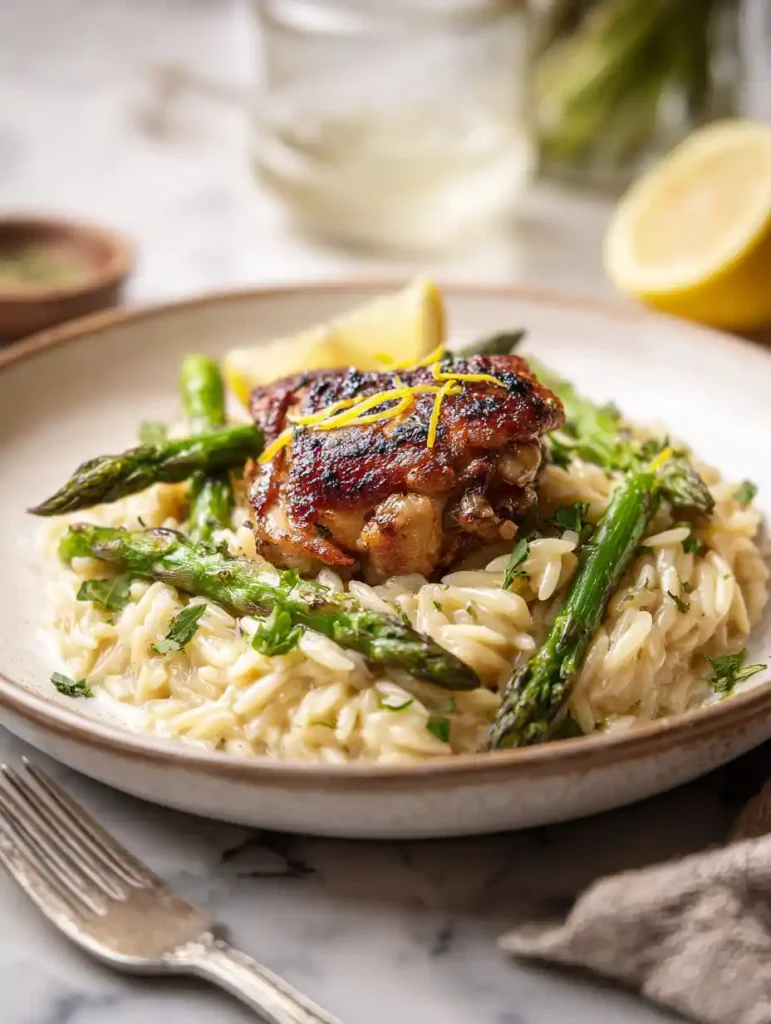 Plated lemon chicken orzo with asparagus and lemon zest on ceramic plate