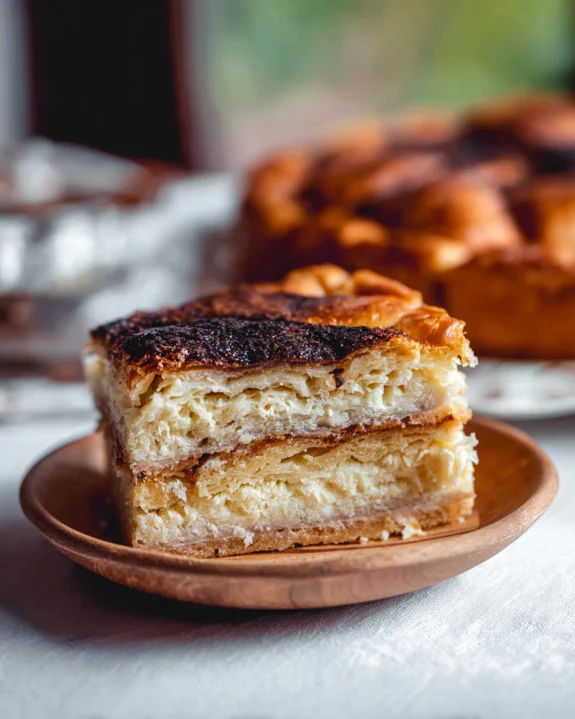 Slice of Prekmurska Gibanica on a wooden plate with the whole cake in the background
