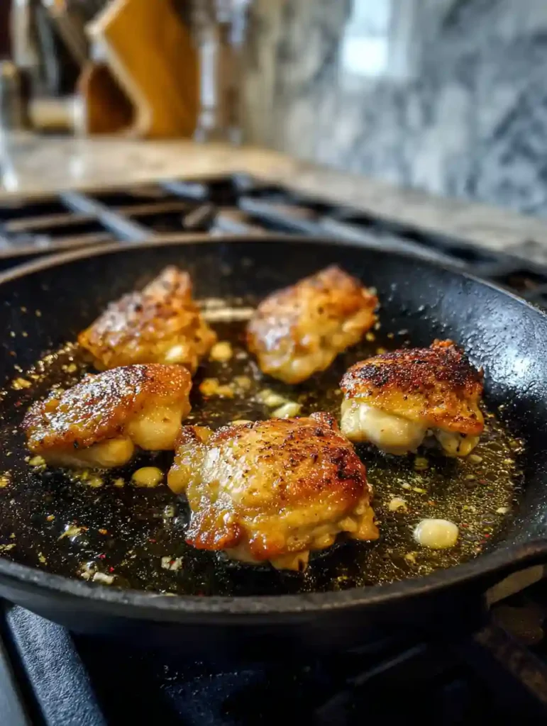 Crispy chicken thighs searing in a black skillet with garlic and oil