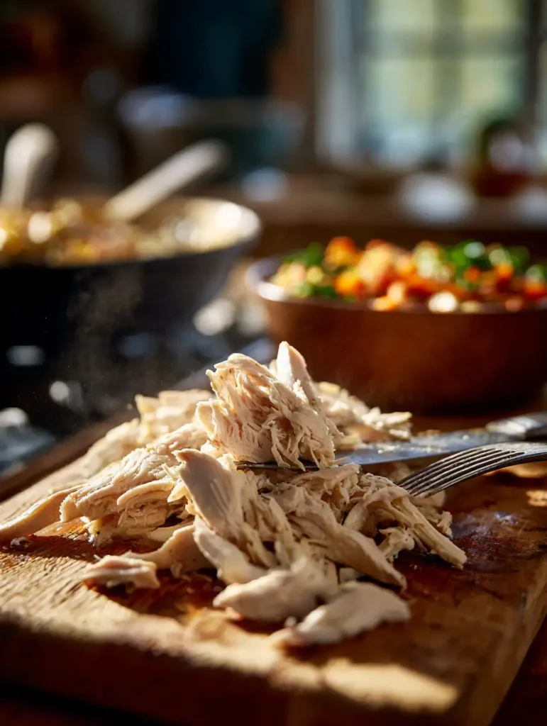 A close-up shot of freshly cooked chicken breast being shredded on a wooden cutting board