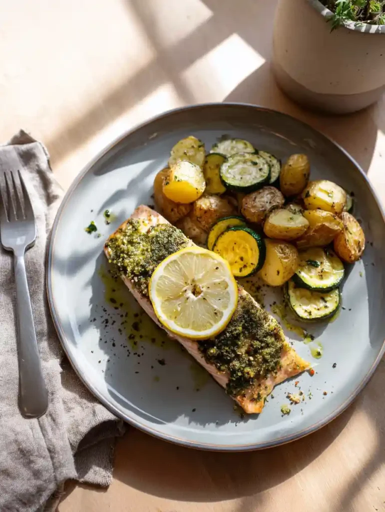 Overhead view of pesto salmon with lemon slice, roasted potatoes, and zucchini on a ceramic plate