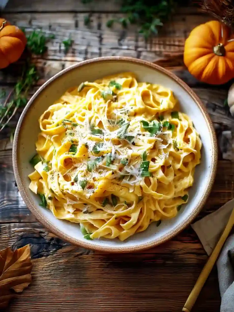 Creamy pumpkin Alfredo pasta garnished with Parmesan and herbs