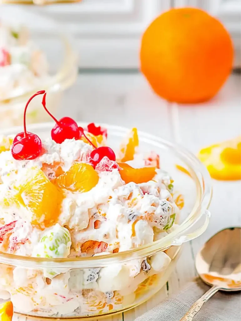 Ambrosia Salad in a glass bowl topped with cherries and mandarin slices