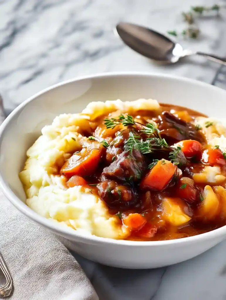 Served bowl of Apple Cider Stew over Mashed Potatoes garnished with fresh thyme
