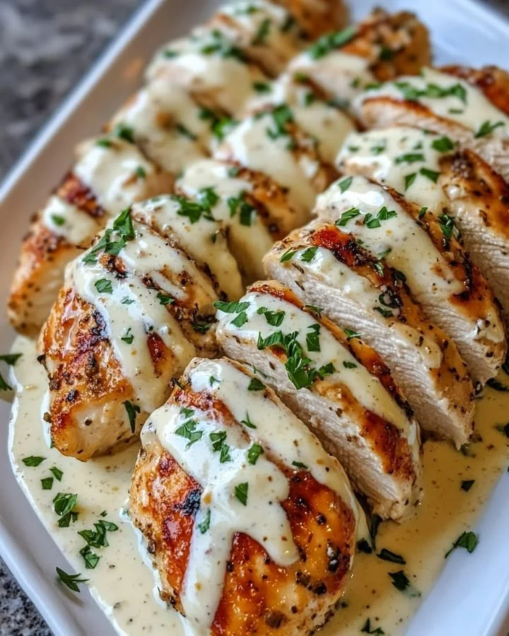 Baked Caesar chicken served with creamy Parmesan sauce on a plate.