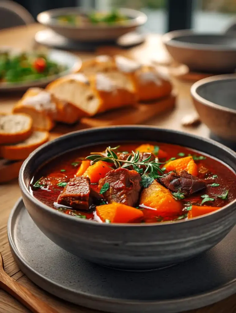 Beef pumpkin stew served at dinner table with bread and salad