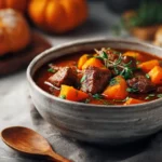 Beef pumpkin stew in rustic bowl with herbs and crusty bread
