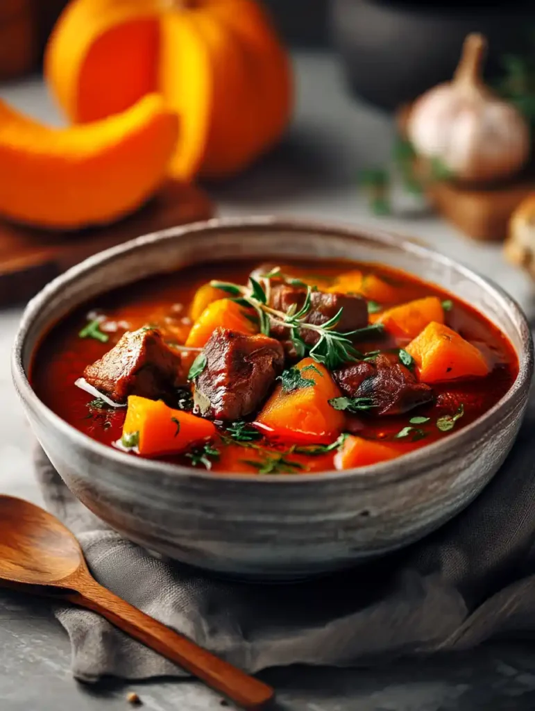 Beef pumpkin stew in rustic bowl with fresh herbs and sliced pumpkin in background