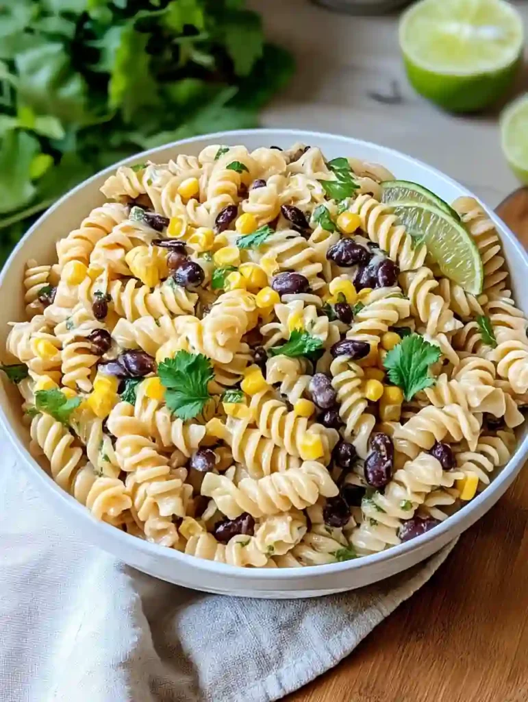 Black bean and corn pasta salad with lime yogurt served in a white bowl with cilantro and lime wedges