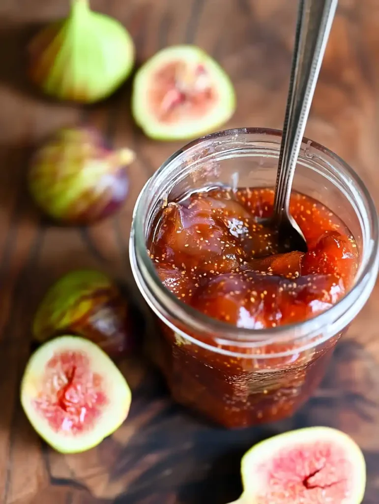 Fig jam in a glass jar with spoon, surrounded by fresh figs on a wooden board