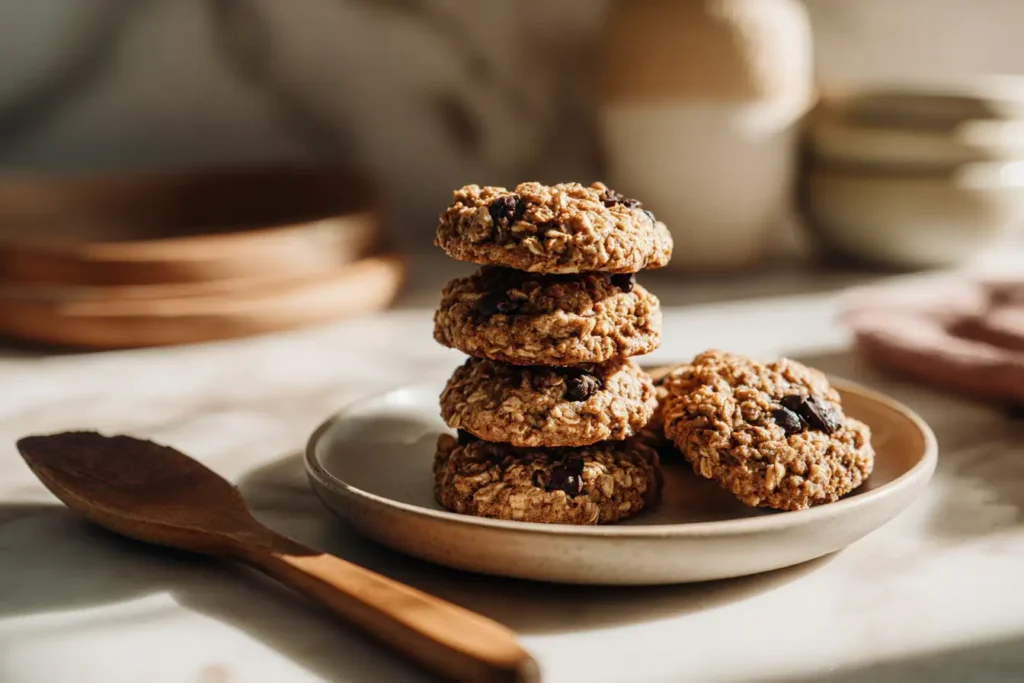 Stack of healthy oatmeal cookies on a ceramic plate in natural light