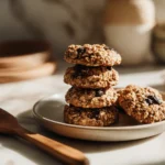 Stack of healthy oatmeal cookies on a ceramic plate in natural light