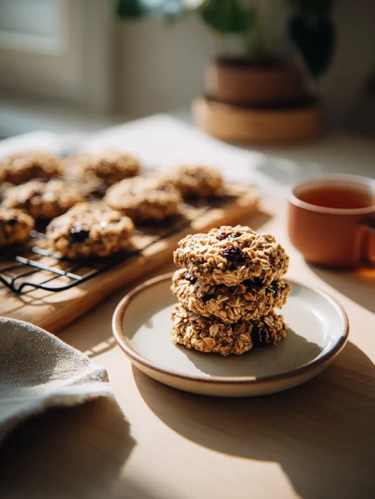 Healthy oatmeal cookies served with tea on a wooden table
