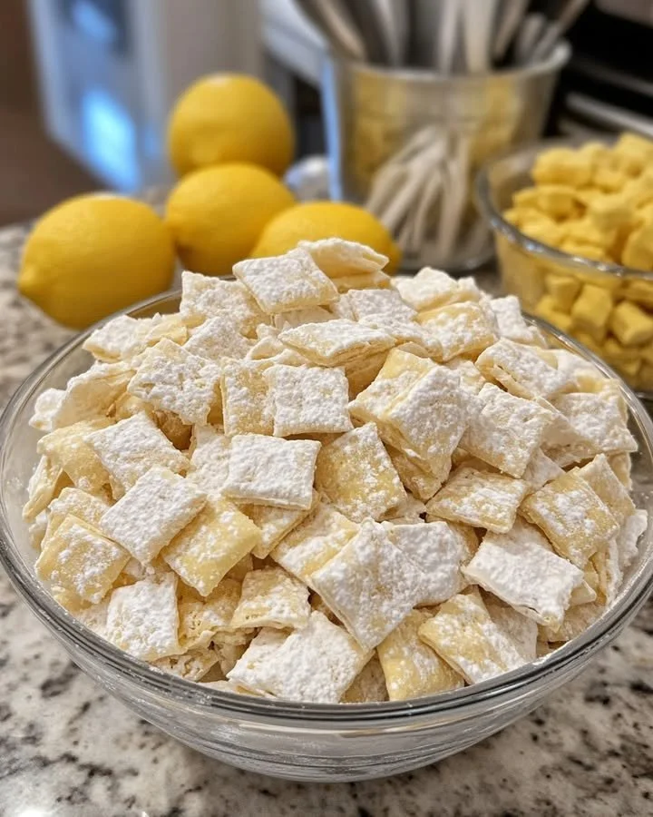 Bowl of Lemonade Puppy Chow with a zesty lemon topping