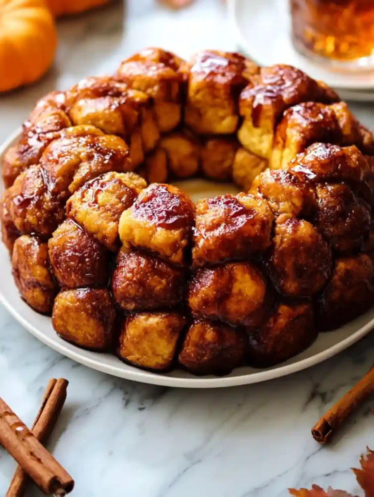 Close-up of maple pumpkin monkey bread on a white plate with glossy cinnamon glaze