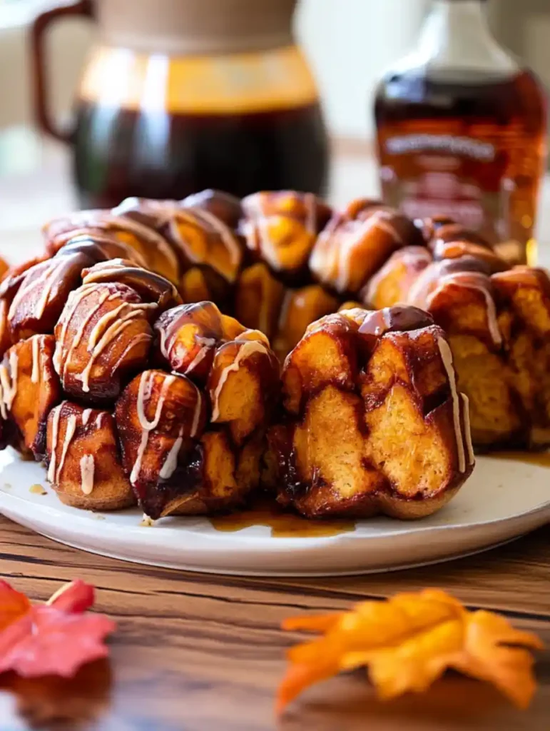 Maple pumpkin monkey bread with slice pulled out, drizzled with glaze