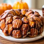 Maple pumpkin monkey bread with glaze on white plate surrounded by pumpkins