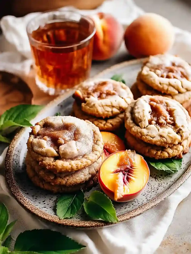 Plate of peach cobbler cookies served with fresh peach slices and iced tea in a rustic kitchen setting