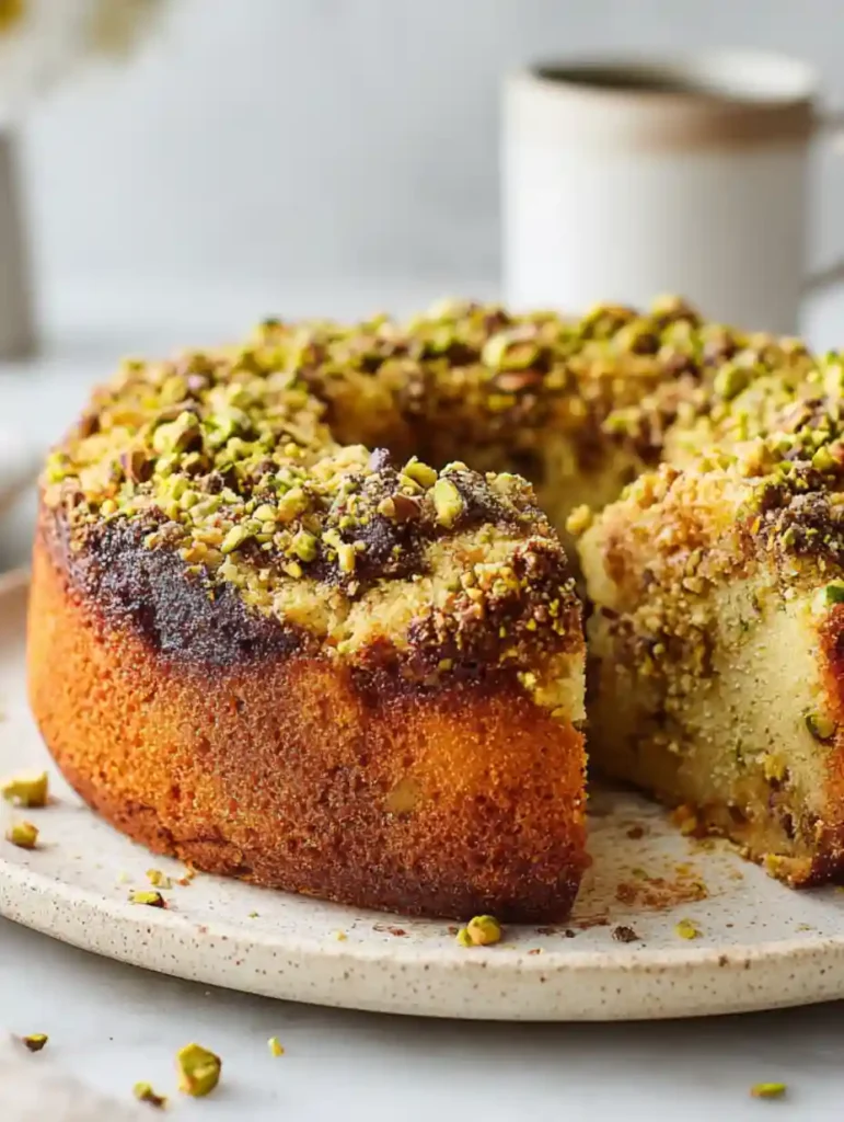 Close-up of pistachio coffee cake with golden streusel topping