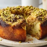 Pistachio coffee cake with crushed pistachios on top