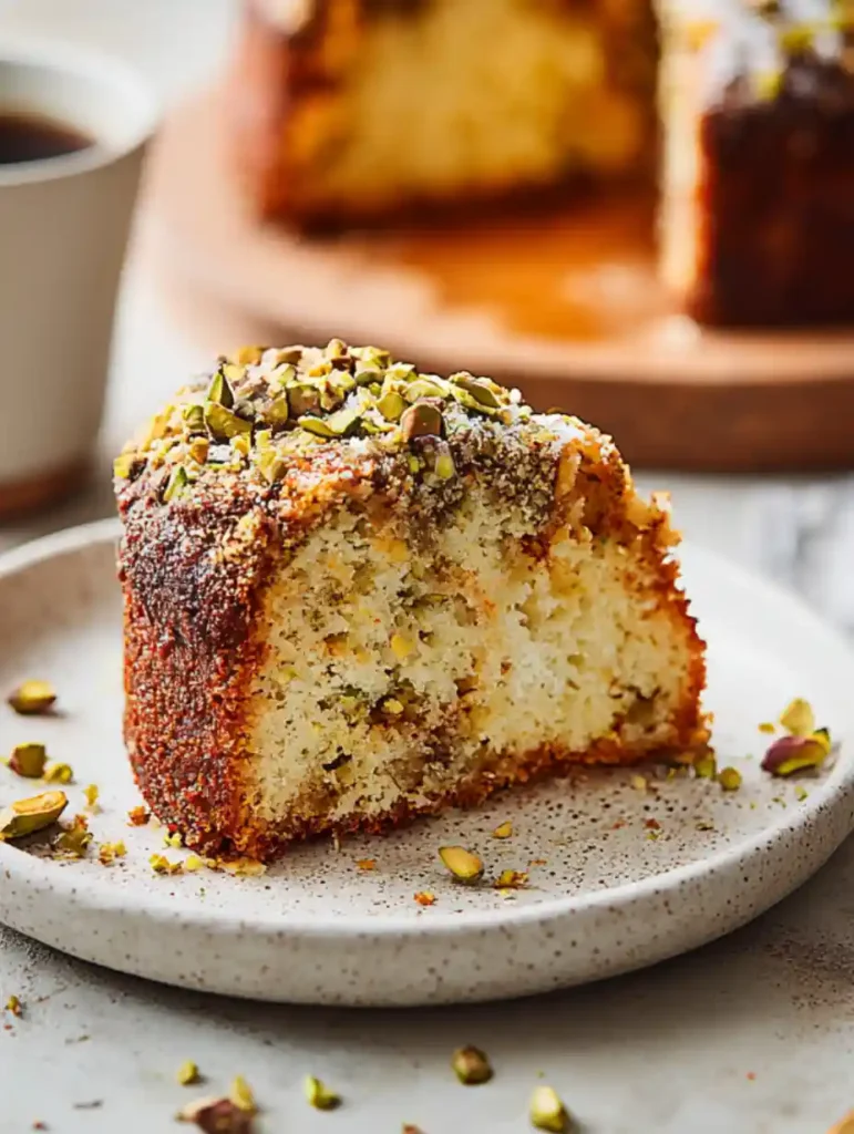 Single slice of pistachio coffee cake served on ceramic plate