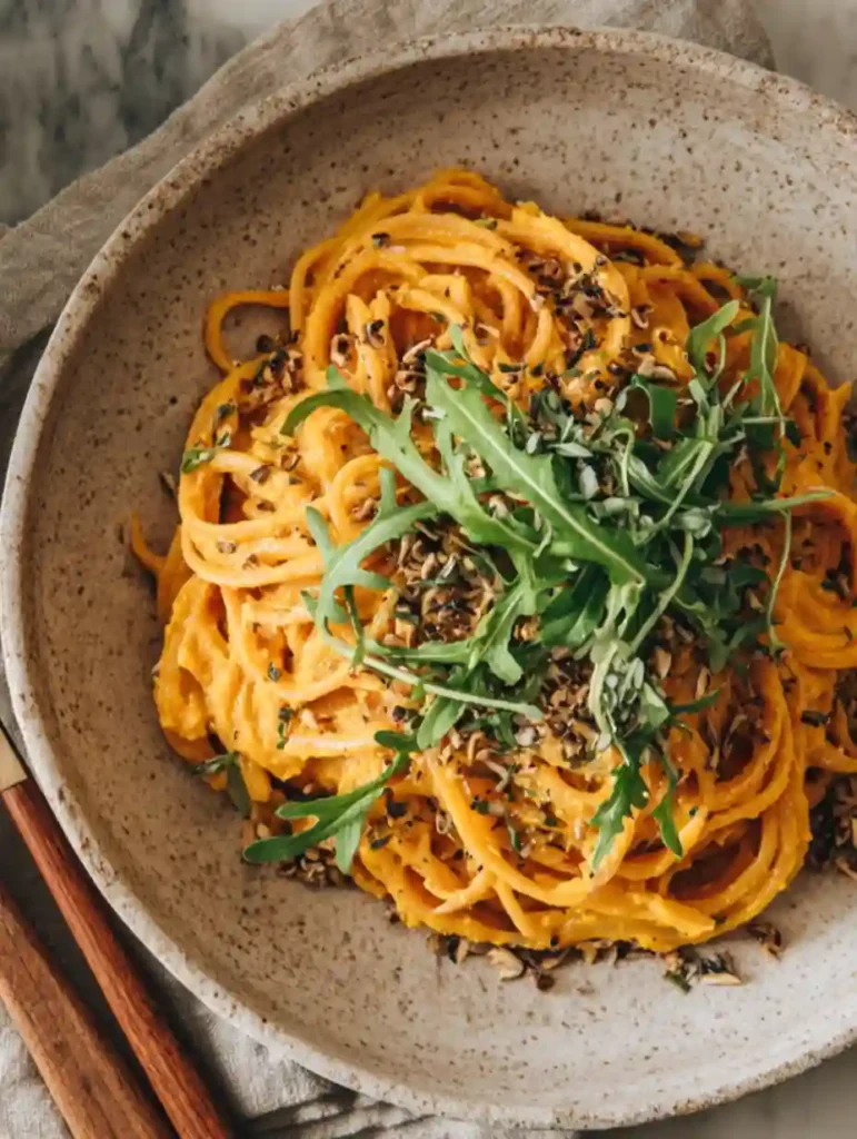 Close-up of creamy pumpkin pasta topped with arugula and toasted seeds