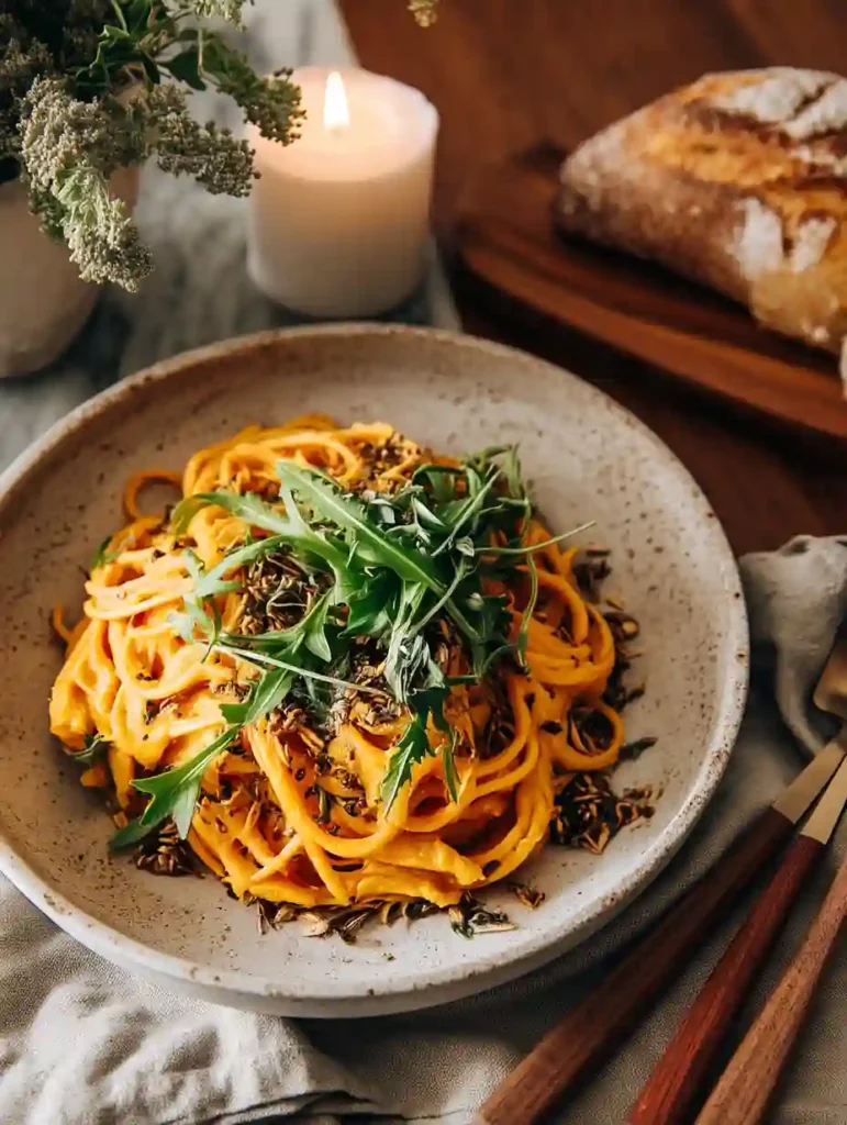 Pumpkin pasta served at a candle-lit dinner table with sourdough bread