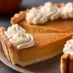 Slice of healthy pumpkin pie served on ceramic plate