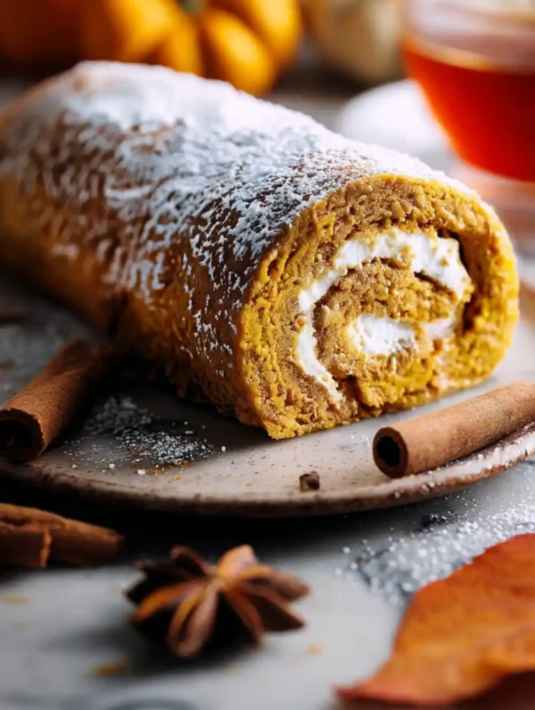 Pumpkin roll on a plate with cinnamon sticks and fall spices