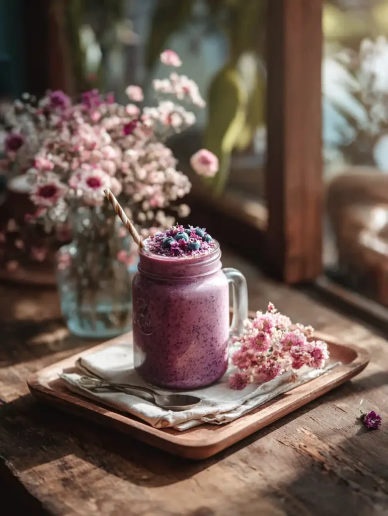 Layered unicorn smoothie in pink and purple topped with coconut cream, sprinkles, and a gold unicorn horn in a mason jar