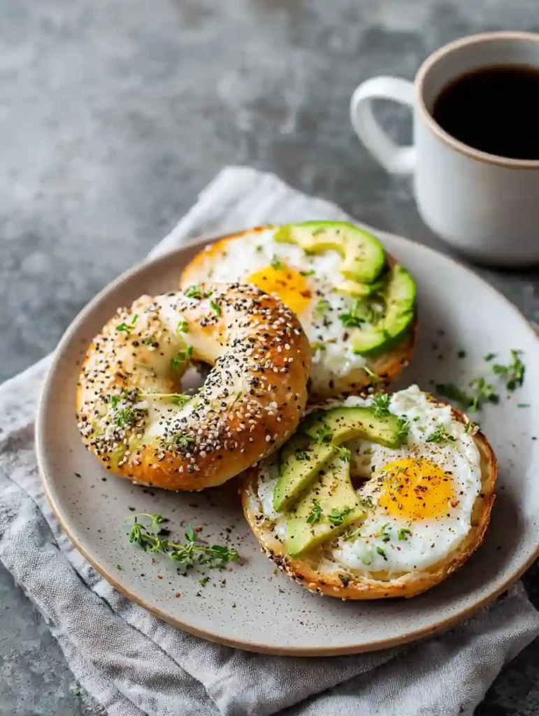 Toasted sourdough cottage cheese bagels served with egg and avocado
