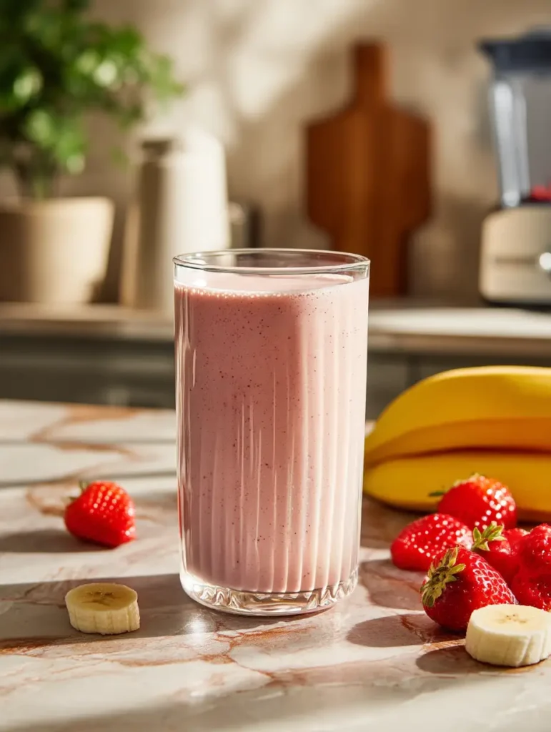 Strawberry banana protein smoothie in a tall glass with fresh fruit