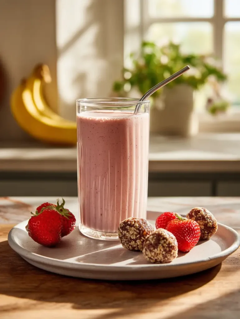 Strawberry banana protein smoothie served with almond energy balls and fresh strawberries