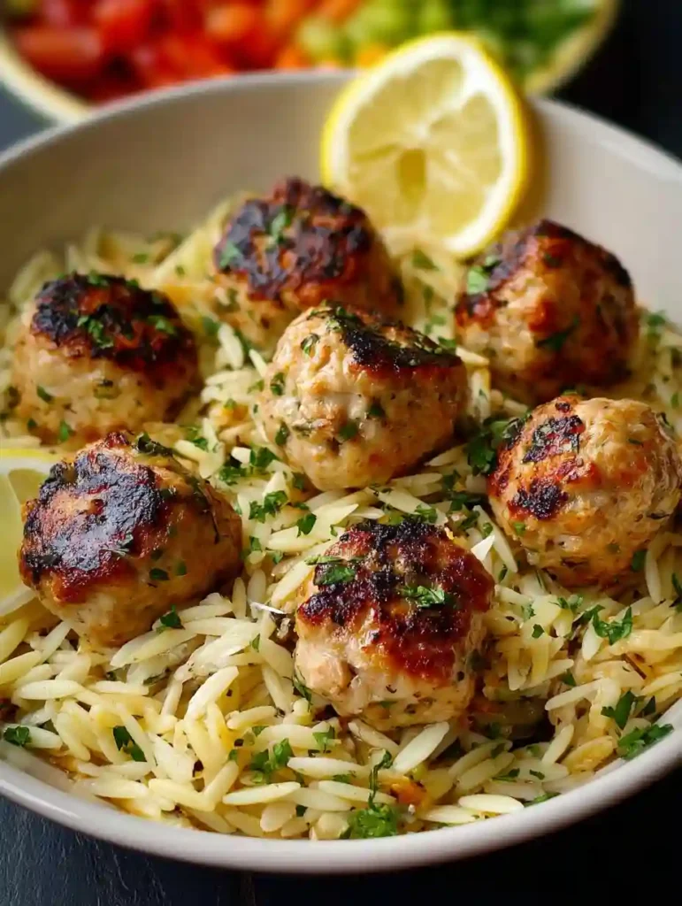 Easy Greek Chicken Meatballs with Lemon Orzo