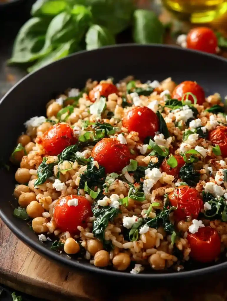 Mediterranean Lemon Rice with Chickpeas, Spinach, Tomatoes, and Feta