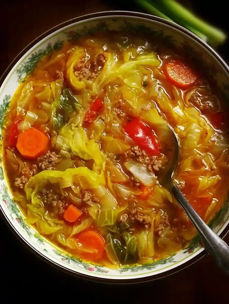 Ground beef cabbage soup served hot in a ceramic bowl