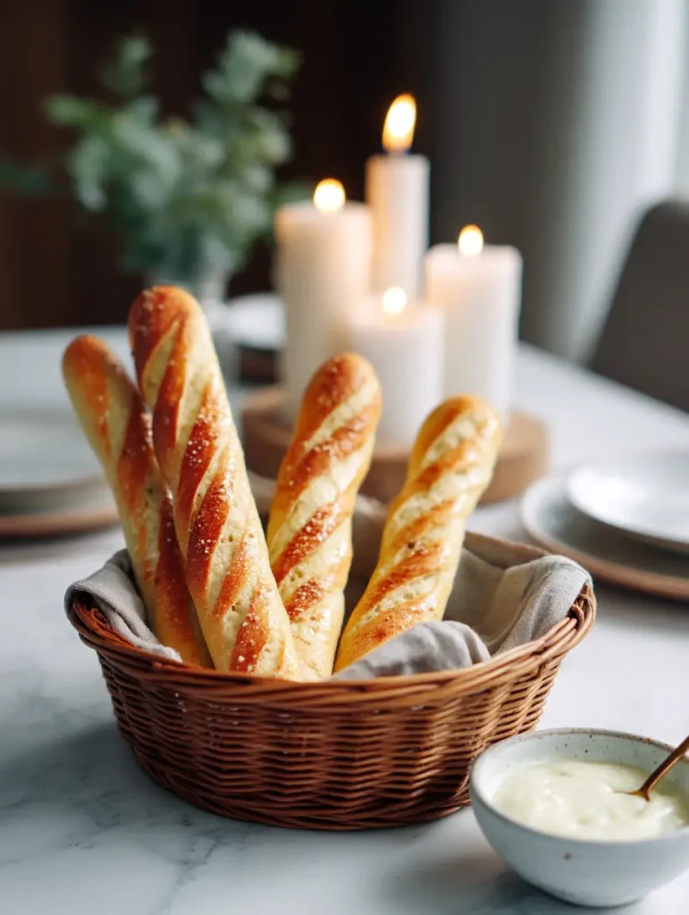 same day sourdough breadsticks in basket with dipping sauce
