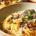 Cheesy Garlic Butter Linguine with Ground Beef
