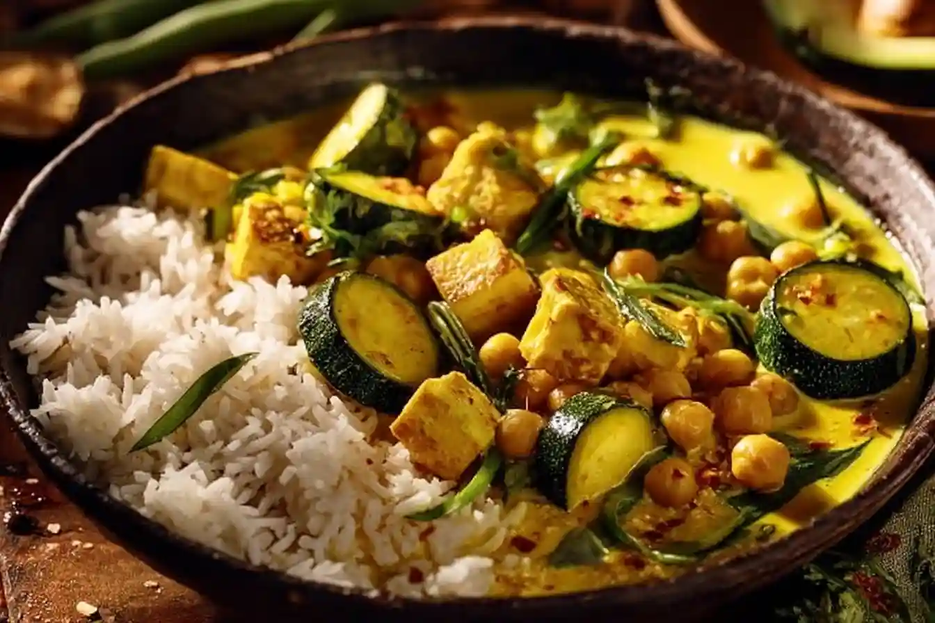 Golden Chickpea & Zucchini Coconut Curry with Halloumi and Spinach