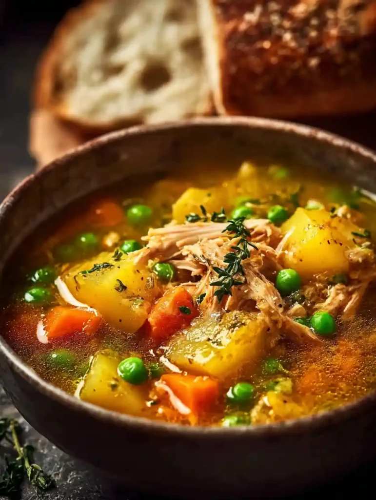 Chicken and vegetable stew being served at a dinner table