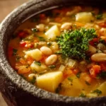 Hearty Potato Bean Soup served with bread and lemon