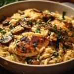 Creamy One Pot Chicken and Mushroom Orzo plated